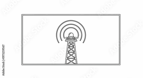 Radio tower emitting signal waves, broadcast communication concept, line art illustration