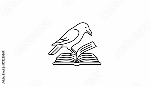 Raven Bird Perched on Open Book, Symbolizing Knowledge and Wisdom