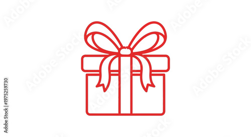 Red Gift Box Icon with Bow, Simple Line Art, Isolated on White Background, Celebration Symbol