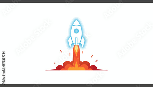 Rocket Launching into Space with Fiery Exhaust and Smoke Clouds