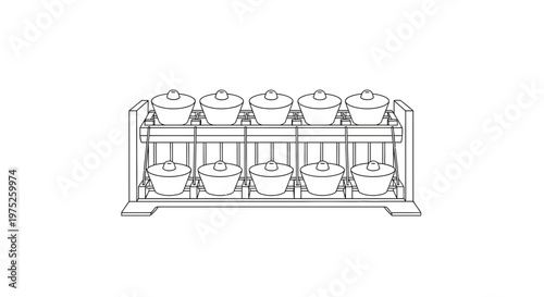 Row of Ceramic Pots on a Wooden Rack, Outline Illustration