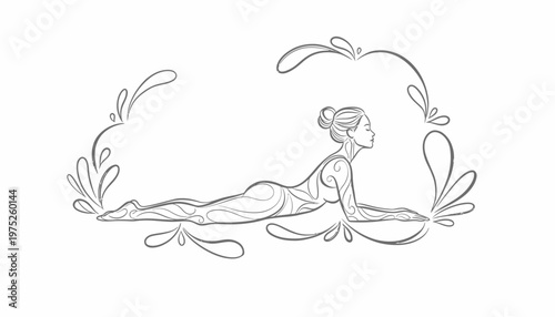 Serene woman performing cobra pose yoga, elegant line art with decorative floral elements