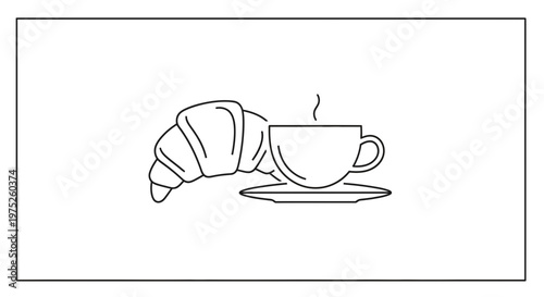 Simple Line Art: Croissant and Coffee Cup with Steam