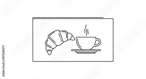 Simple Line Art: Croissant and Coffee Cup with Steam