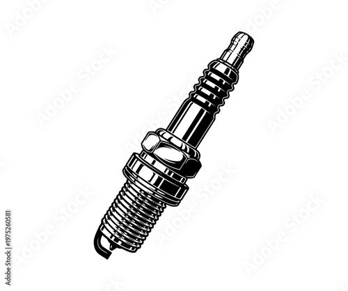 Vintage spark plug illustration for automotive design. black and white icon.