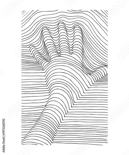 A creative black and white illustration of a human hand silhouette formed by distorted horizontal lines. 3D optical illusion effect.