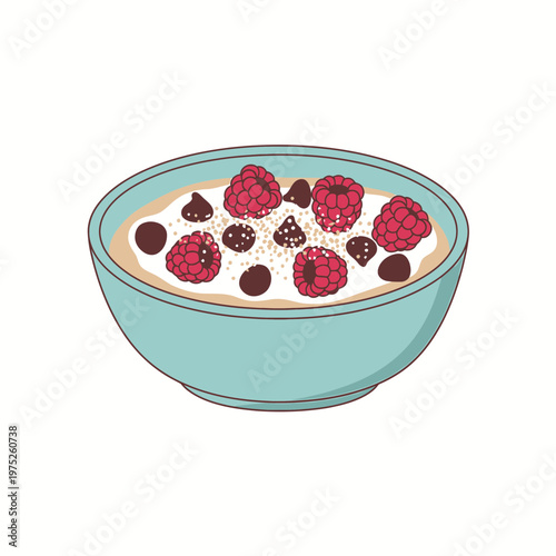 Healthy Breakfast Oatmeal Bowl with Raspberries and Chocolate