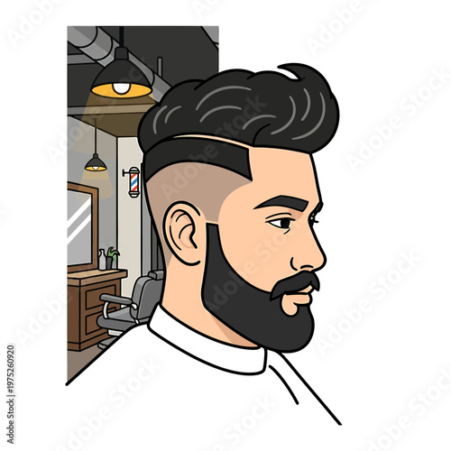 Man with Modern Fade Haircut and Beard in Barbershop Illustration