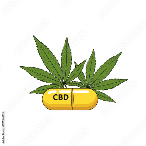 CBD Oil Capsule and Green Cannabis Leaves Illustration