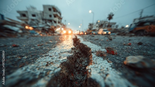 Scene of destruction after an earthquake with cracked road and damaged buildings