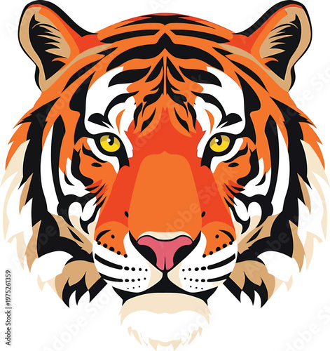 Tiger head in vibrant orange and black stripes with yellow eyes in bold graphic illustration for wildlife conservation Transparent Background