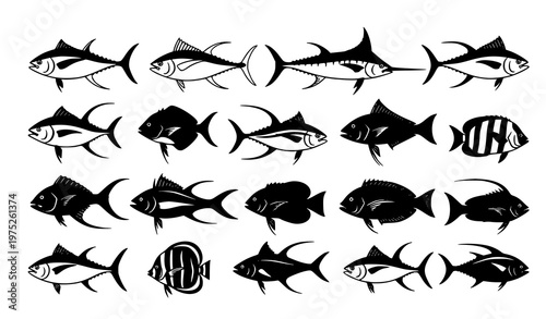 Marine fish silhouette collection with tuna swordfish and reef species realistic vector set isolated on white background