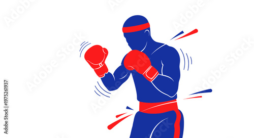 Muay Thai Boxer Silhouette in Dynamic Pose, Red and Blue Colors