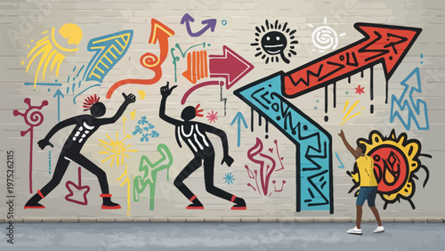 A vibrant street art mural with a young girl admiring the colorful graffiti silhouette