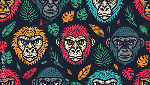 A colorful illustration of monkey faces and leaves on a black background silhouette