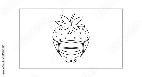 Strawberry Wearing Medical Face Mask, Healthy Food Concept, Line Art