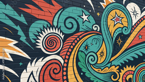 A vibrant and colorful abstract mural on a brick wall with swirling patterns