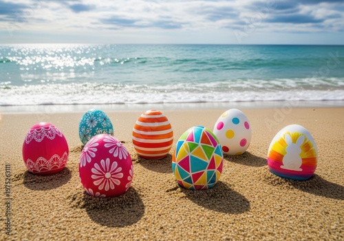 Colorful decorated eggs on a sandy beach by the sea