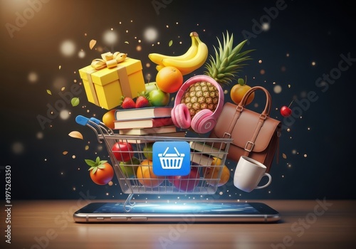 Shopping cart with various items on a digital tablet