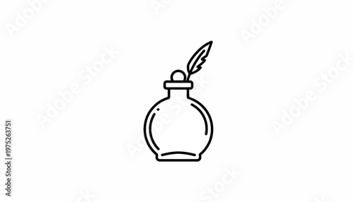 Vintage Inkwell and Quill Pen Icon, Classic Writing Tool, Elegant Design
