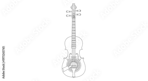 Vintage Viola da Gamba Outline Drawing on White Background