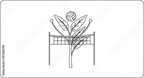 Volleyball Net with Plant and Ball, Sports Emblem, Line Art