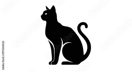 Black Cat Silhouette Sitting Profile View Isolated White Background
