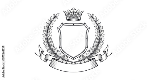 Blank Heraldic Shield Crest with Laurel Wreath and Crown, Vintage Emblem Sketch