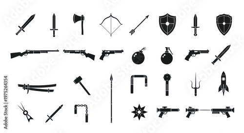 Collection of Weapon Icons: Swords, Guns, Axes, Shields, and More