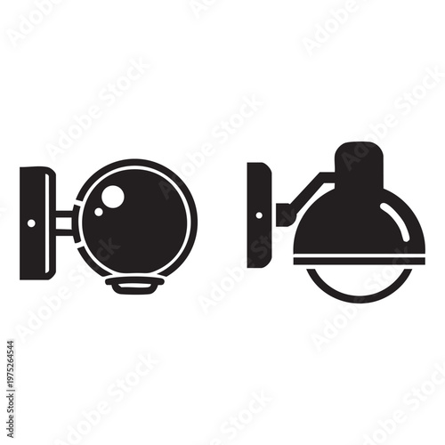 Black and white illustration of two different round wall mounted lights