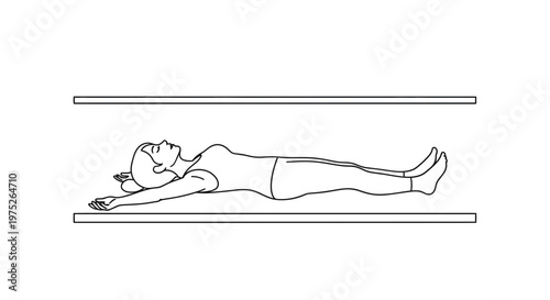 Woman levitating in a white minimalist room, floating above a bed