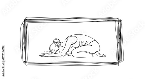 Woman in Child's Pose yoga, meditation, relaxation, stretching, wellness, black and white sketch
