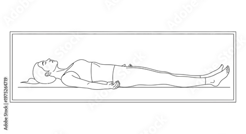 Woman lying down in corpse pose, yoga, meditation, relaxation, wellness, calm, peaceful, serene, resting