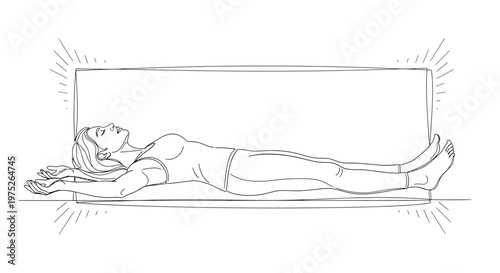 Woman lying down, meditating, energy radiating from body, healing, relaxation