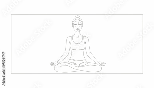 Woman meditating in lotus pose on yoga mat, line art, serene, peaceful, healthy lifestyle