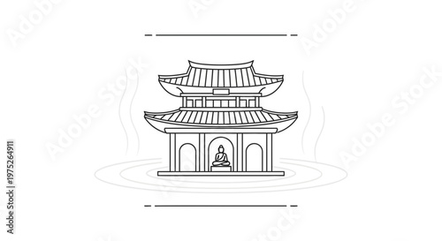 Zen Buddhist Temple Pagoda with Buddha Statue, Serene Water Reflection, Minimalist Line Art