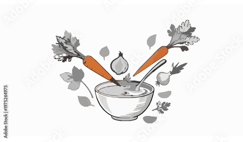 Vegetable soup with ingredients sketch dynamic hand drawn food vector illustration