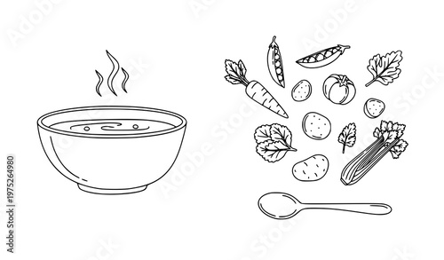 Minimal vegetable soup sketch icons set simple food outline vector illustration