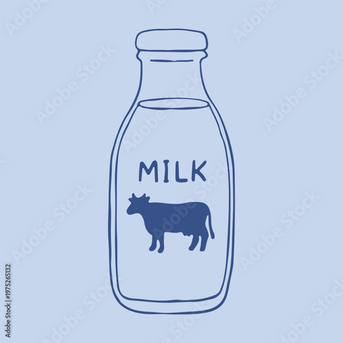 Hand drawn vector of a traditional glass milk bottle with a metal screw cap and dark blue liquid inside. Clean line art illustration featuring a classic cow silhouette icon and handwritten text
