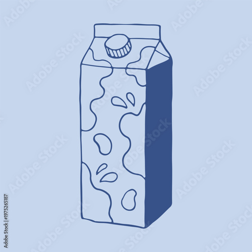 Hand drawn vector of a paper milk carton box with a plastic screw cap and decorative splash patterns. Isometric line art packaging illustration for dairy products and grocery store concepts