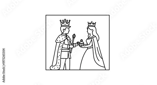 King and Queen in Royal Attire with Crowns and Scepters, Fairytale Illustration