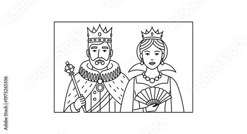 King and Queen illustration, royal couple with crowns and scepter, elegant attire, line art