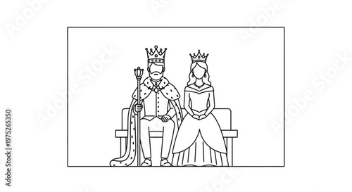 King and Queen Sitting on Throne, Royal Couple, Medieval Royalty, Line Art Illustration