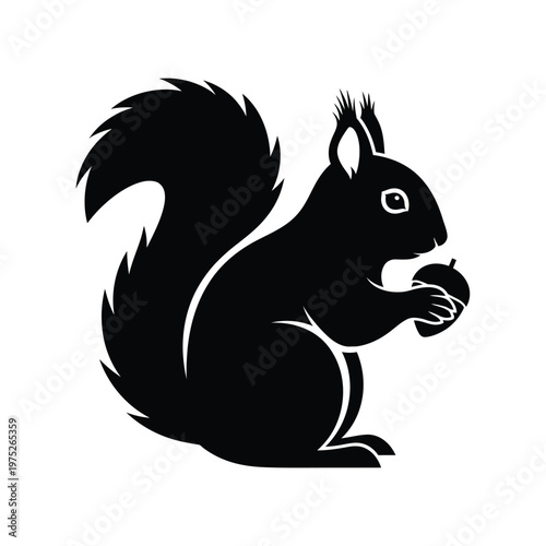 Simple black squirrel vector icon holding an acorn, a wildlife symbol.