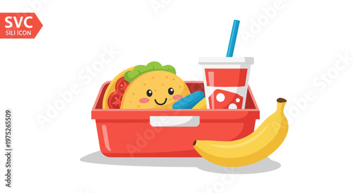Happy Taco Lunchbox with Banana and Drink - Fun Mealtime Illustration