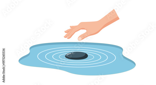 Hand gently creating ripples in a serene water puddle with a stone.