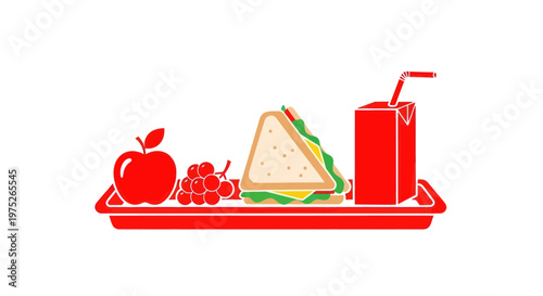 School Lunch Tray with Sandwich, Apple, Grapes, and Juice Box