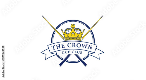 The Crown Cue Club Logo: Crown, Crossed Cues, Circle Emblem with Ribbon