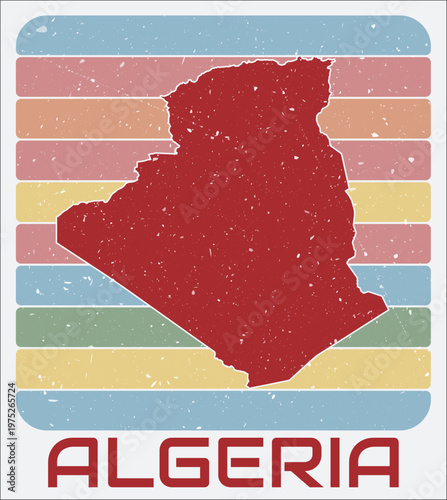 Algeria vintage logo. Shape of the country on retro colored stripes background. Algeria map design with grunge scratch texture. Vector illustration.