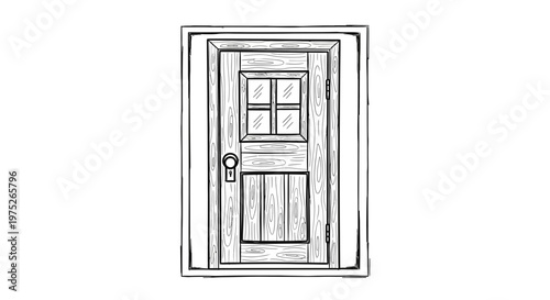 Hand-Drawn Sketch of a Wooden Door with a Small Window and Doorknob